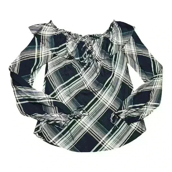 White House Black Market Plaid Peasant‎ Blouse | Size XS - Picture 1 of 6